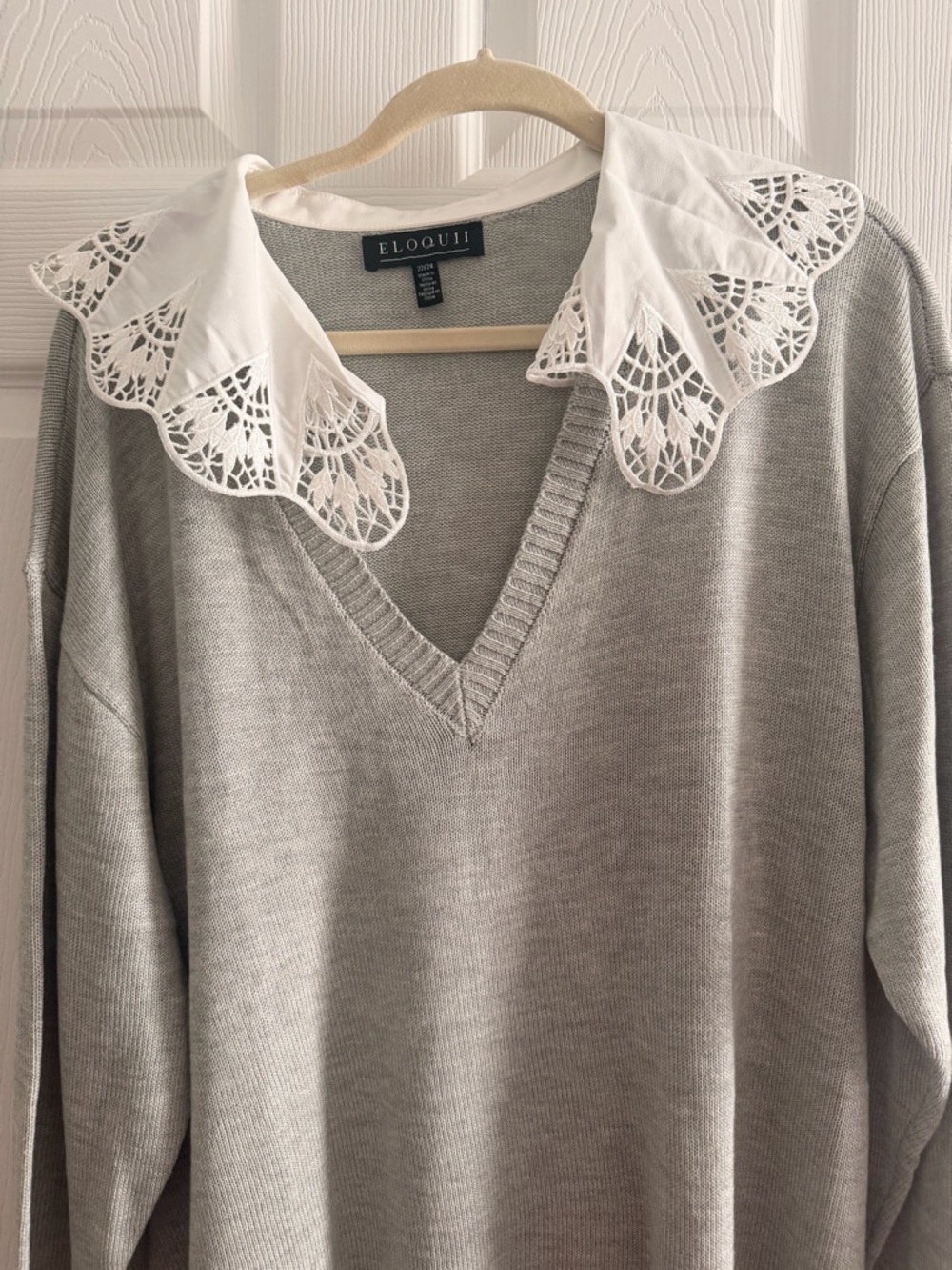 Eloquii Light Gray Knit Sweater with White Lace Accent